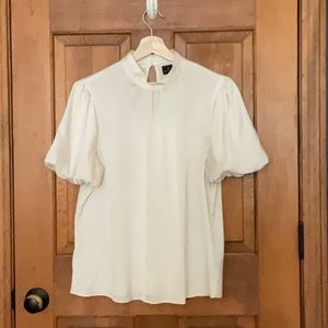 Cream Satin Mock Neck Blouse with Puffy Short Sleeves